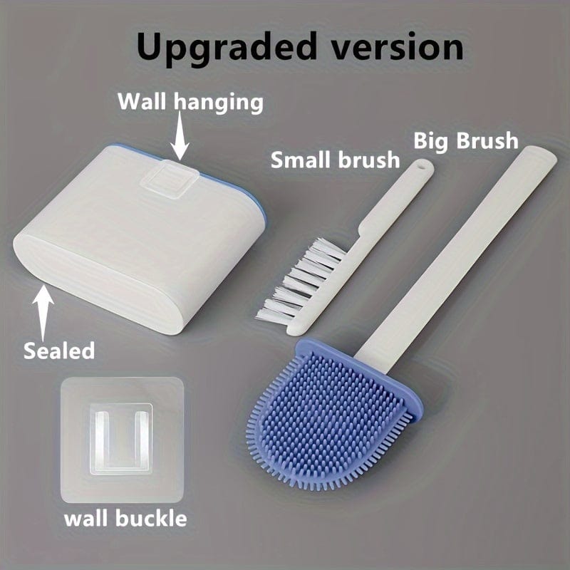 Ensemble de 2 Brosses WC et 1 Abattant WC, Brosse WC Murale, Tête de Brosse WC en Silicone Souple, Brosse WC à Long Manche, Brosse Domestique Multifonctionnelle, Produits de Nettoyage des Toilettes, Essentiel Domestique Montowany na ścianie - niebieski Cuisine Pratique Polska