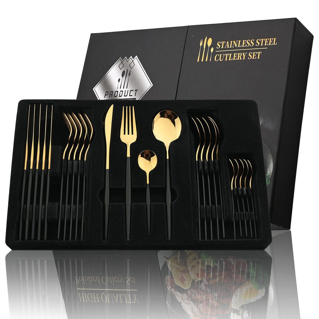 Pozłacany zestaw sztućców z czarną rękojeścią - Stal nierdzewna 24 elementy - VF20943 Cuisine Pratique Polska