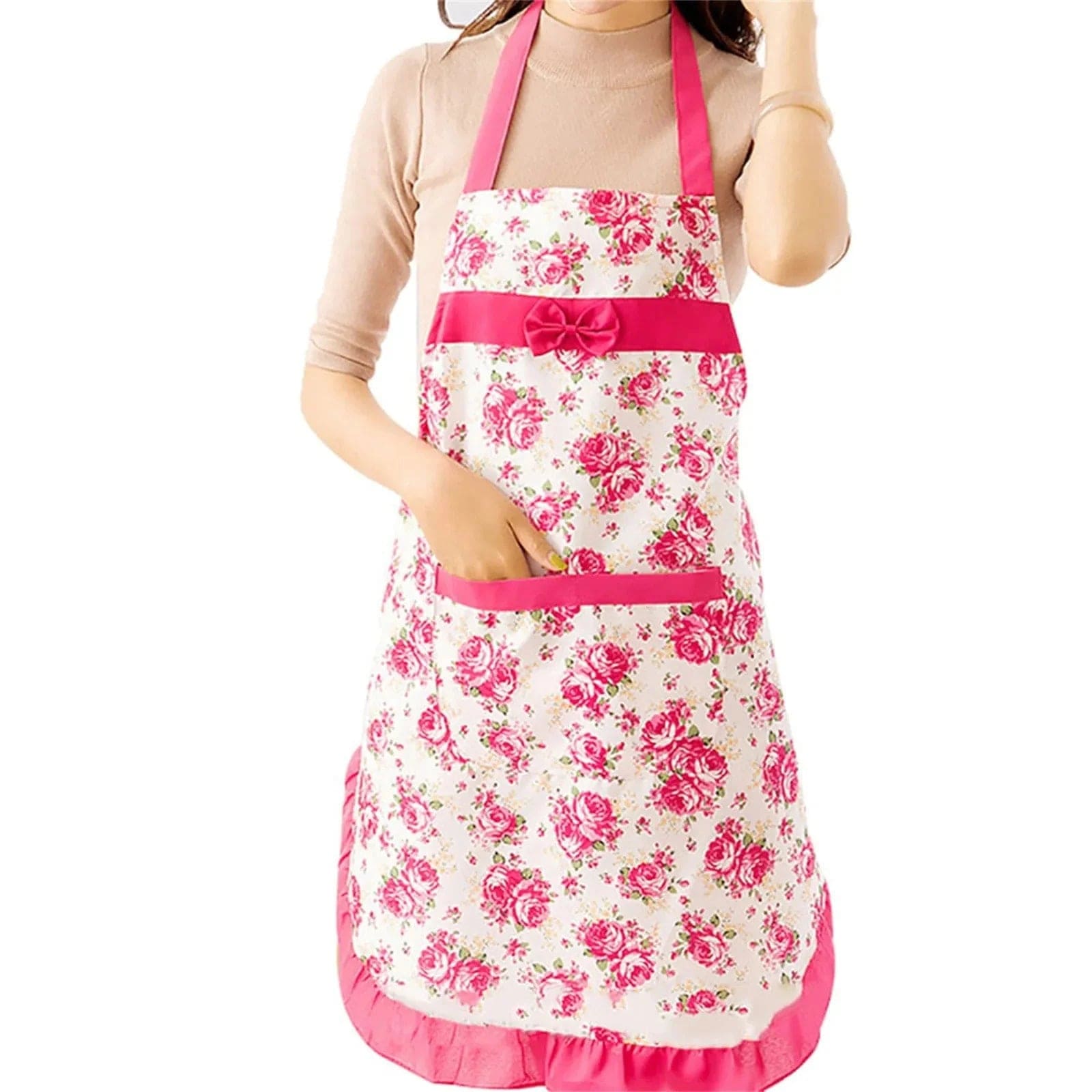 Damski wodoodporny fartuch kuchenny z kieszeniami - kwiatowy i regulowany Rose Bonbon / Rozmiar Cuisine Pratique Polska
