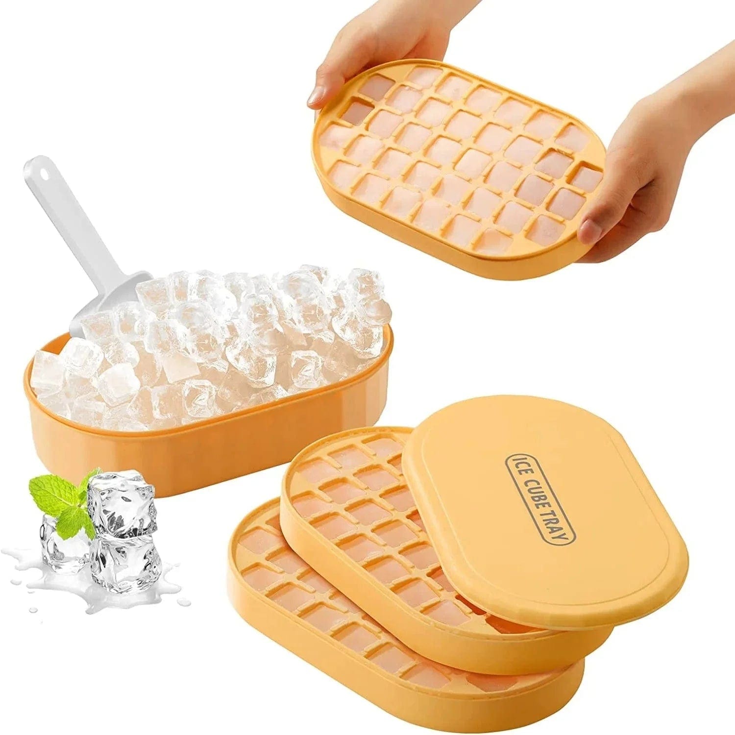 Dwupoziomowa tacka na kostki lodu z pokrywką i etui Żółty Cuisine Pratique Polska