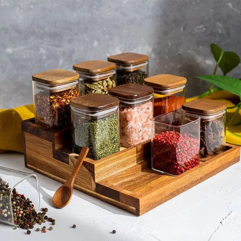 Zestaw 4 szklanych słoików na przyprawy z pokrywką z drewna akacjowego 4 słoiki 150 ml (6x6 cm) Cuisine Pratique Polska