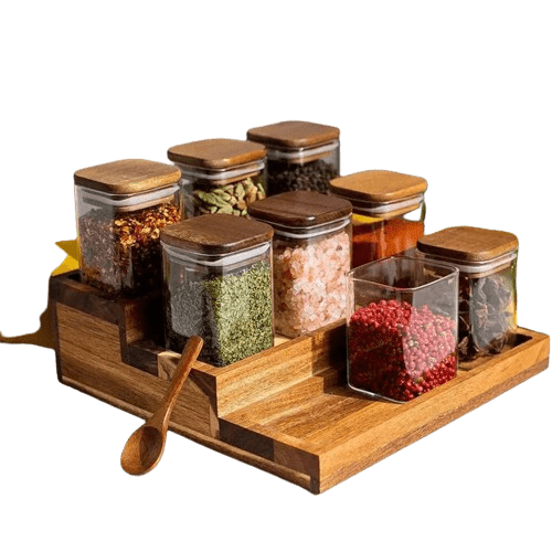 Zestaw 4 szklanych słoików na przyprawy z pokrywką z drewna akacjowego Cuisine Pratique Polska